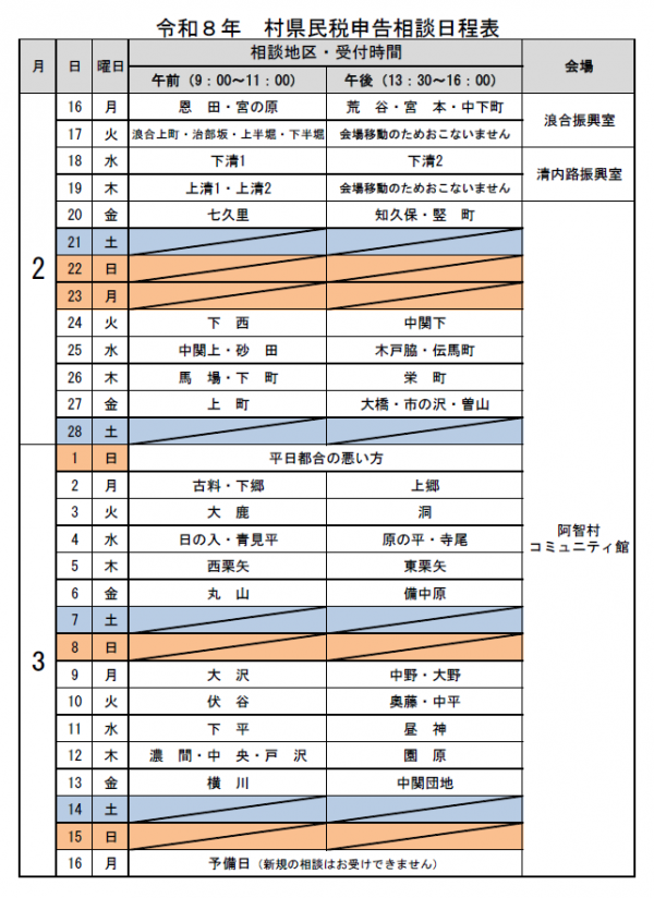 令和8年度申告相談日程表